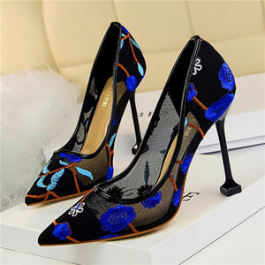 Floral Embroidered Heels Women Pumps Solid Pointed High Heels Toe Shallow Fashion High Heels 10cm Shoes Women Wedding Shoes