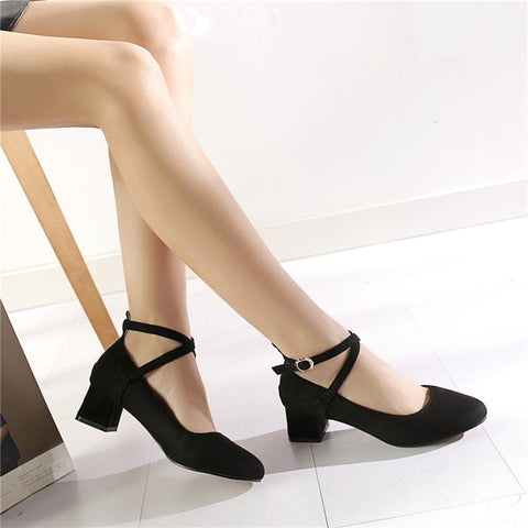 Spring Sweet Women Pumps Mid Chunky Block Heels Pink Flock Pointed Toe Mary Janes Casual Wedding Office Buckle Strap Lady Shoes