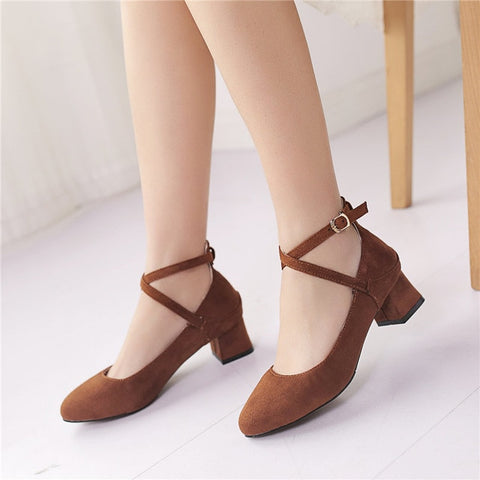 Spring Sweet Women Pumps Mid Chunky Block Heels Pink Flock Pointed Toe Mary Janes Casual Wedding Office Buckle Strap Lady Shoes