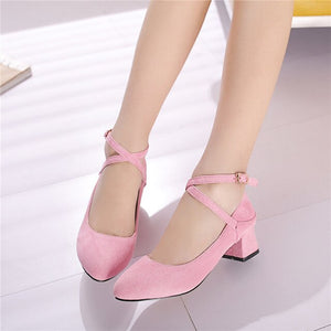 Spring Sweet Women Pumps Mid Chunky Block Heels Pink Flock Pointed Toe Mary Janes Casual Wedding Office Buckle Strap Lady Shoes