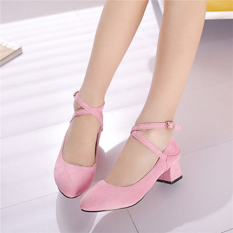 Spring Sweet Women Pumps Mid Chunky Block Heels Pink Flock Pointed Toe Mary Janes Casual Wedding Office Buckle Strap Lady Shoes