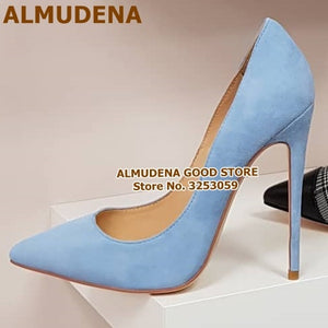 ALMUDENA Suede Pointed Toe Stiletto Heels Dress Pumps Shallow Slip-on 12cm Ultra High Heel Banquet Shoes Purple Yellow Blue