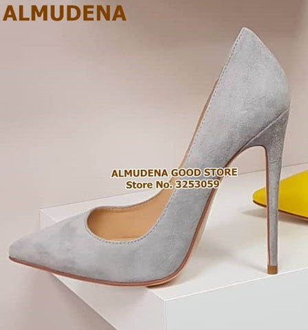 ALMUDENA Suede Pointed Toe Stiletto Heels Dress Pumps Shallow Slip-on 12cm Ultra High Heel Banquet Shoes Purple Yellow Blue