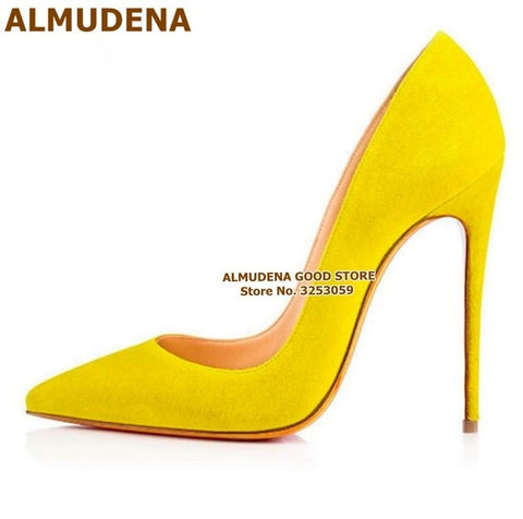 ALMUDENA Suede Pointed Toe Stiletto Heels Dress Pumps Shallow Slip-on 12cm Ultra High Heel Banquet Shoes Purple Yellow Blue