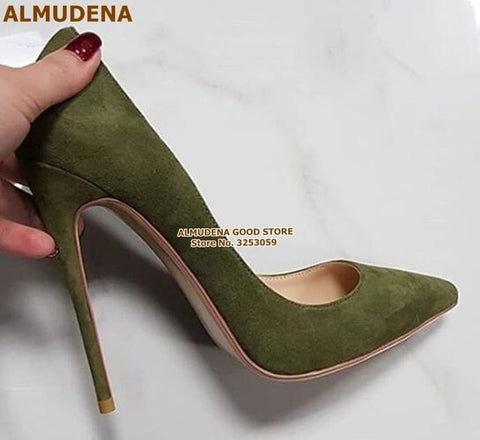 ALMUDENA Suede Pointed Toe Stiletto Heels Dress Pumps Shallow Slip-on 12cm Ultra High Heel Banquet Shoes Purple Yellow Blue