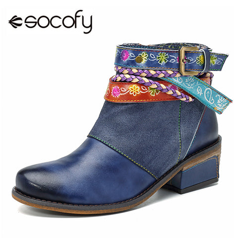 Socofy Genuine Leather Women Boots Vintage Bohemian Ankle Boots Women Shoes Zipper Low Heel Ladies Shoes Woman Autumn Boots 2019