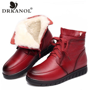 DRKANOL 2019 Women Snow Boots Vintage Genuine Leather Natural Wool Fur Winter Warm Ankle Boots For Women Flat Mother Shoes H7075