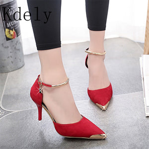 Sexy Pointed toe High heels shoes Lady Ankle Strap Metal Hollow With Sandals Paillette of the Thin Breathable shoes Women Pumps