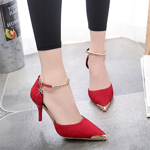 Sexy Pointed toe High heels shoes Lady Ankle Strap Metal Hollow With Sandals Paillette of the Thin Breathable shoes Women Pumps