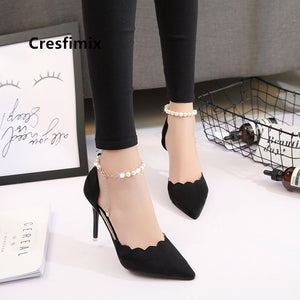 Cresfimix women fashion comfortable sweet pearl black high heel shoes lady cute pointed toe buckle clip high heel pumps b2920