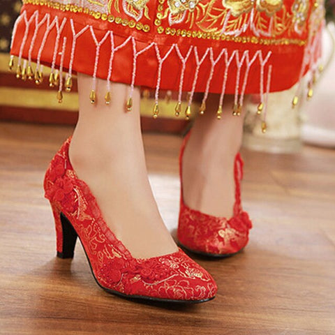 Red Wedding Shoes High-heeled Dragon and Phoenix Clothing Cheongsam Shoes Thick with Women Single Shoes Chinese Bridal Shoes