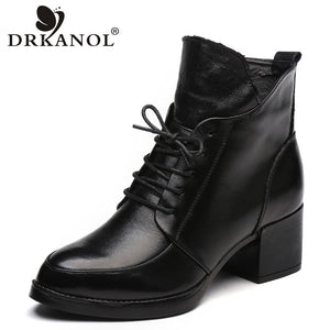 DRKANOL Genuine Leather Thick Heel Women Boots 2019 Solid Black Winter Ankle Boots Motorcycle Botas Pointed Toe Warm Women Shoes