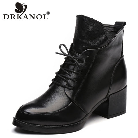 DRKANOL Genuine Leather Thick Heel Women Boots 2019 Solid Black Winter Ankle Boots Motorcycle Botas Pointed Toe Warm Women Shoes