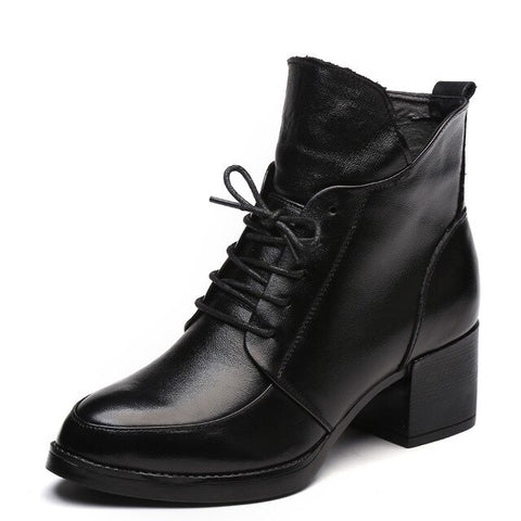 DRKANOL Genuine Leather Thick Heel Women Boots 2019 Solid Black Winter Ankle Boots Motorcycle Botas Pointed Toe Warm Women Shoes