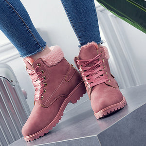 Winter women boots 2019 new fashion solid lace-up casual shoes woman warm velvet ankle boots women shoes round toe PU snow boots