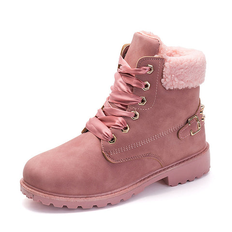 Winter women boots 2019 new fashion solid lace-up casual shoes woman warm velvet ankle boots women shoes round toe PU snow boots