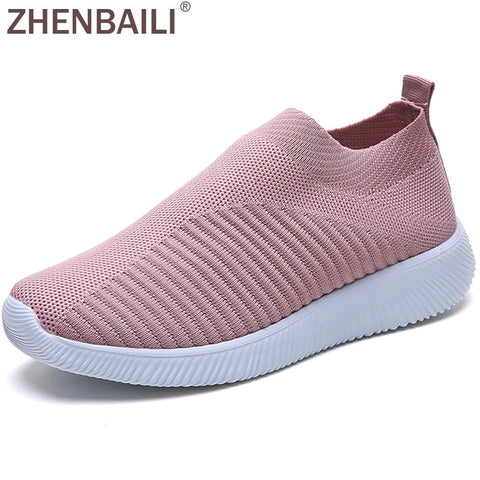 ZHENBAILI Plus Size Outdoor Breathable Mesh Knit Slip On Women Sock Shoes 2019 Summer Sneakers Flat Lightweight Walking Trainers