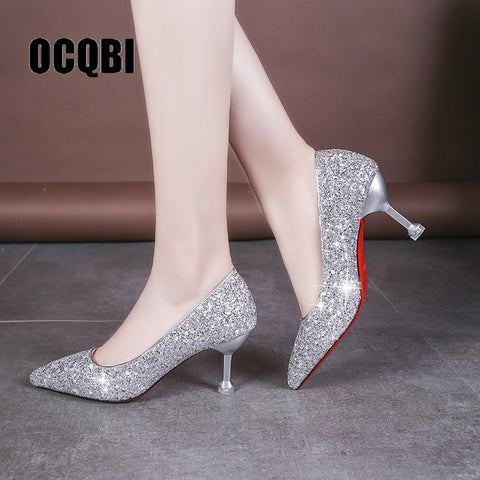 HOT 2019 new style Wedding bride shingle high-heeled shoes pointy bridesmaid gold powder crystal banquet shoes bling high heels