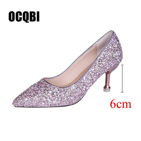 HOT 2019 new style Wedding bride shingle high-heeled shoes pointy bridesmaid gold powder crystal banquet shoes bling high heels