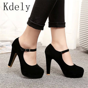 2019 Sexy Mary Janes New Women OL high heels Black Flock Women Pumps Female Platform Winter Thick with Autumn Round Single Shoes