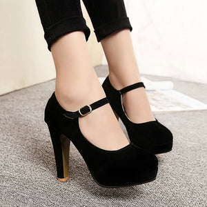 2019 Sexy Mary Janes New Women OL high heels Black Flock Women Pumps Female Platform Winter Thick with Autumn Round Single Shoes