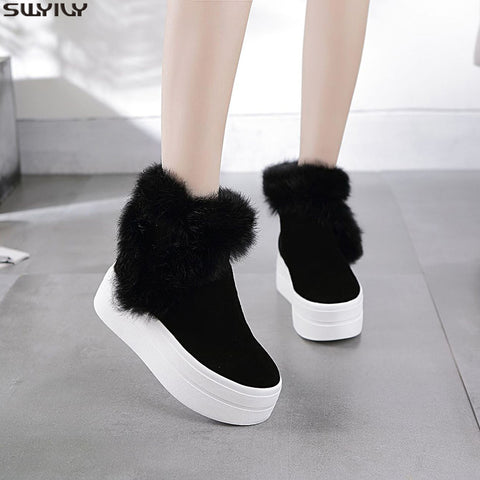 SWYIVY Genuine Leather Boots Women Winter Warm Rabbit Fur Sneakers Platform Snow Boots Women 2019 Ankle Boots Female Causal Shoe