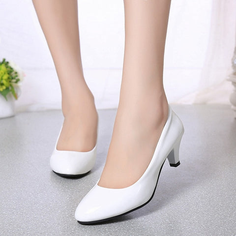 Four Seasons patent leather Low Heels Shoes Women Professional Shoes woman Shallow Mouth Work Shoes Black White Office Shoe