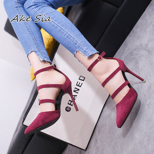 2019 Spring States new pointed high-heeled shoes with shallow mouth buckle female shoes suede straps single shoes s079