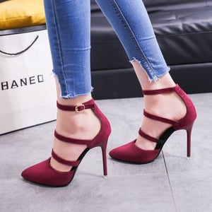 2019 Spring States new pointed high-heeled shoes with shallow mouth buckle female shoes suede straps single shoes s079