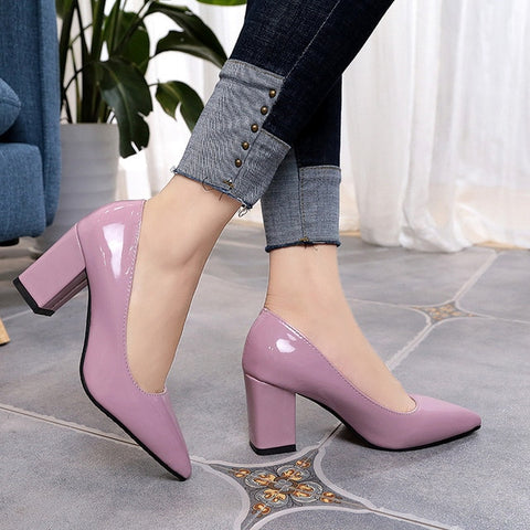 Women Pumps 2018 Women's shoes Pointed thick heel with high heel 7 cm new single shoes female autumn shallow mouth size 33-43