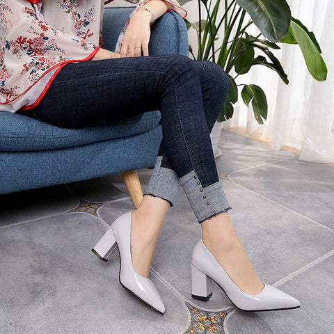 Women Pumps 2018 Women's shoes Pointed thick heel with high heel 7 cm new single shoes female autumn shallow mouth size 33-43