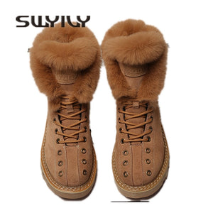 SWYIVY Martin Boots Shoes Woman Rabbit Fur Warm Plush 2019 Winter New Female Shoes Casual Genuine Leather Snow Boots High Top