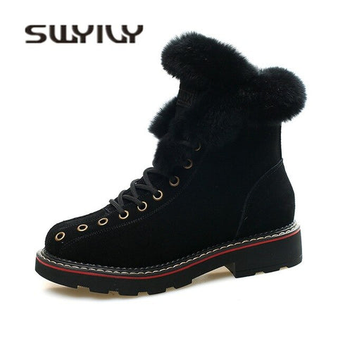 SWYIVY Martin Boots Shoes Woman Rabbit Fur Warm Plush 2019 Winter New Female Shoes Casual Genuine Leather Snow Boots High Top