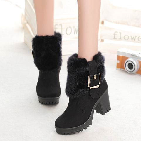 Square heel women winter shoes classic buckle warm fur snow ladies boots high heels black platform ankle boots women botas VT310