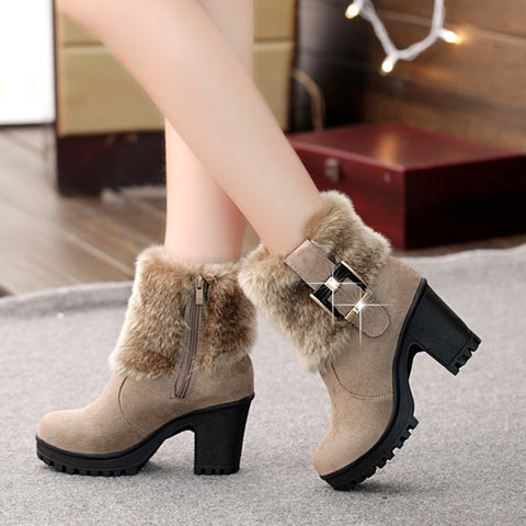 Square heel women winter shoes classic buckle warm fur snow ladies boots high heels black platform ankle boots women botas VT310