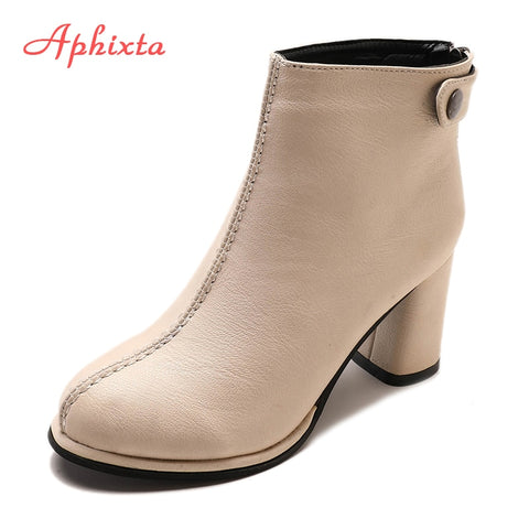 APHIXTA Ankle Boots For Women Soft Leather Ankle Boots Women Winter Shoes Women Square High Heel Boots Shoes Button And Zip