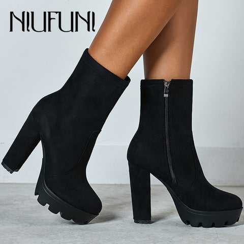 NIUFUNI 2019 Women Ankle Boots Autumn Round Toe Platform Boots Fashion Black Suede High Heel Shoes Botas Mujer