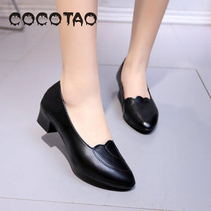 High-heeled Women's Low-heeled 3cm Middle-aged Mother's Single Shoes Leather New Spring And Autumn Shallow Round Head Comforta