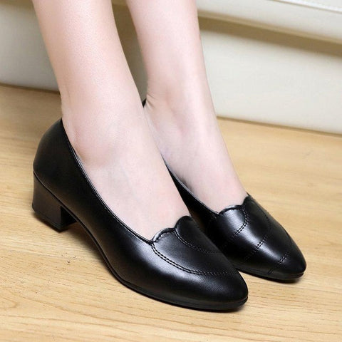 High-heeled Women's Low-heeled 3cm Middle-aged Mother's Single Shoes Leather New Spring And Autumn Shallow Round Head Comforta