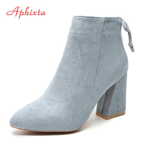 Aphixta Women Classics Ankle Boots Kid Suede Soft Shoes TPR Anti-Skid Women Boots High Heels Zipper Causal Ladies Footwear