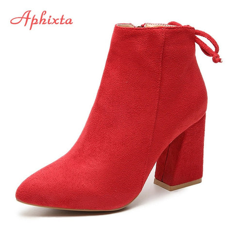 Aphixta Women Classics Ankle Boots Kid Suede Soft Shoes TPR Anti-Skid Women Boots High Heels Zipper Causal Ladies Footwear