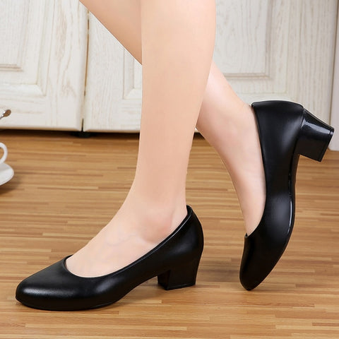 High-heeled Women's Low-heeled 3cm Middle-aged Mother's Single Shoes Leather New Spring And Autumn Shallow Round Head Comforta