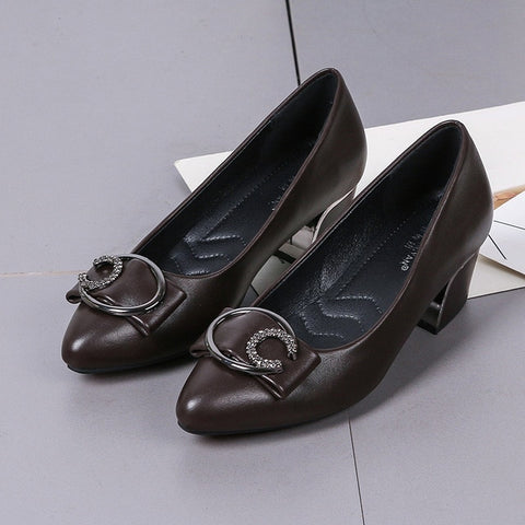 High-heeled Women's Low-heeled 3cm Middle-aged Mother's Single Shoes Leather New Spring And Autumn Shallow Round Head Comforta