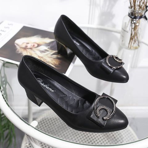 High-heeled Women's Low-heeled 3cm Middle-aged Mother's Single Shoes Leather New Spring And Autumn Shallow Round Head Comforta