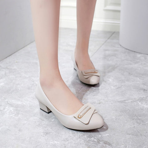 High-heeled Women's Low-heeled 3cm Middle-aged Mother's Single Shoes Leather New Spring And Autumn Shallow Round Head Comforta