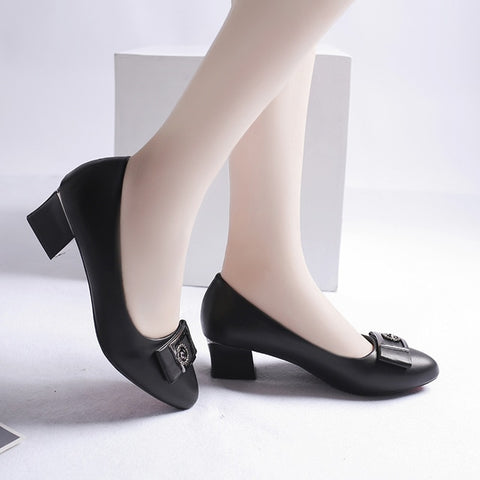 High-heeled Women's Low-heeled 3cm Middle-aged Mother's Single Shoes Leather New Spring And Autumn Shallow Round Head Comforta