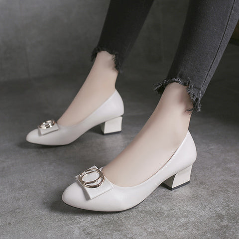 High-heeled Women's Low-heeled 3cm Middle-aged Mother's Single Shoes Leather New Spring And Autumn Shallow Round Head Comforta