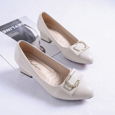 High-heeled Women's Low-heeled 3cm Middle-aged Mother's Single Shoes Leather New Spring And Autumn Shallow Round Head Comforta