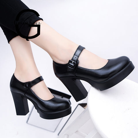 Gtime Square High Heels Women Platform Pumps Spring Summer Shallow Mouth Buckle Strap Shoes Round Toe Shoes for Women SE042