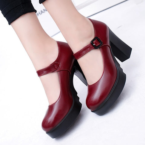 Gtime Square High Heels Women Platform Pumps Spring Summer Shallow Mouth Buckle Strap Shoes Round Toe Shoes for Women SE042